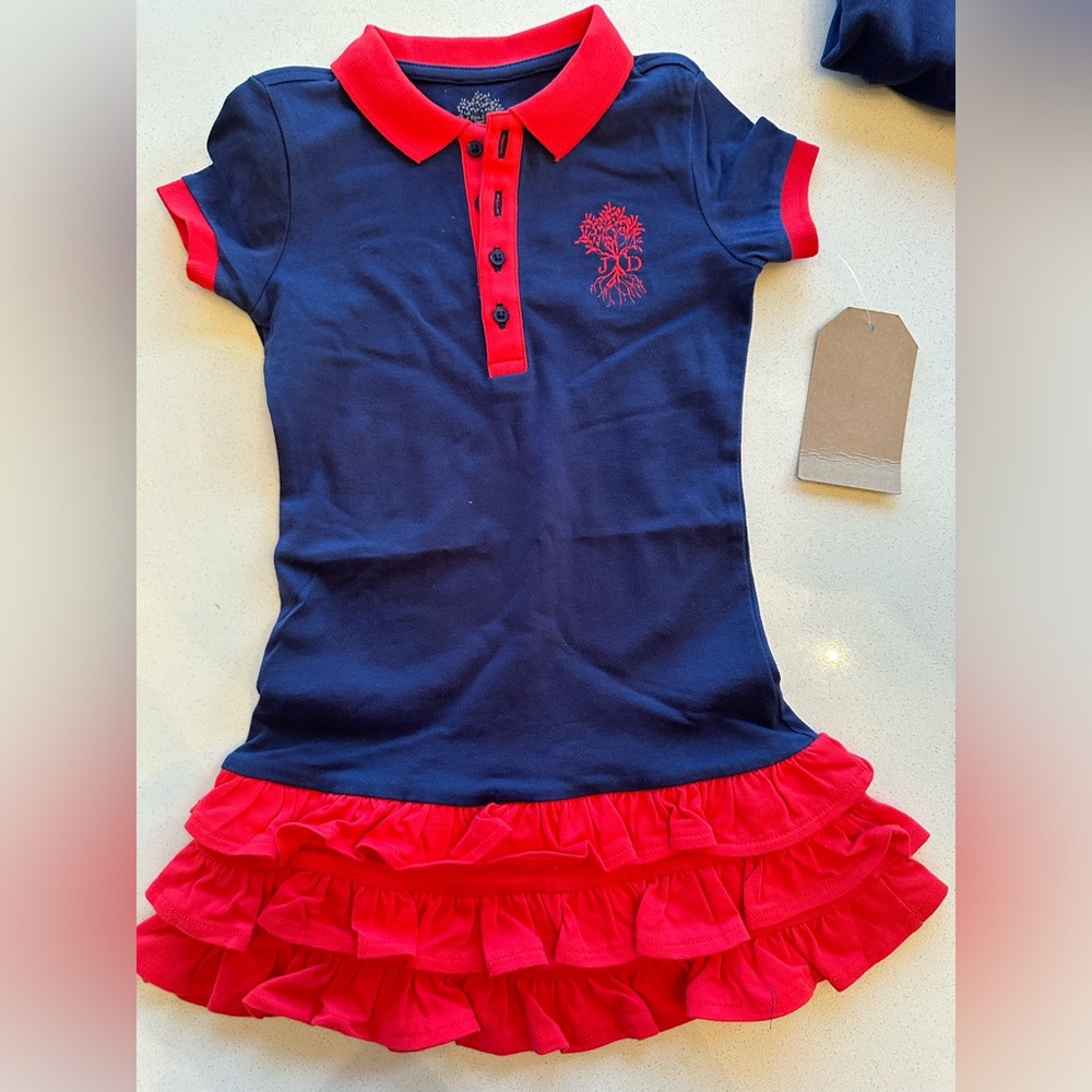 Just Dads girls 3t polo style dress with ruffles, navy with red trim nwt